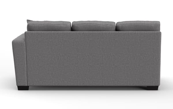 Gray fabric three-seater sofa with cushioned backrest and armrest, modern design, and dark wooden legs, shown from the back.