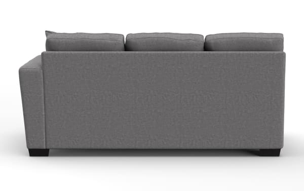 Modern gray fabric sofa with three back cushions and black wooden legs, shown from the rear view, highlighting its clean, contemporary design.
