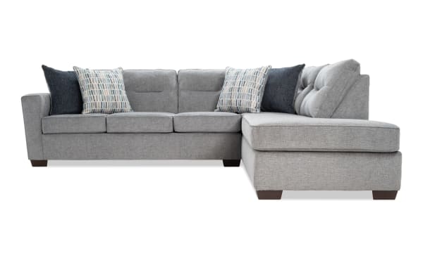 Dylan Slate 112'' 2 Piece Right Arm Facing Chaise Sectional in gray polyester fabric, transitional style with memory foam cushions and four accent pillows.