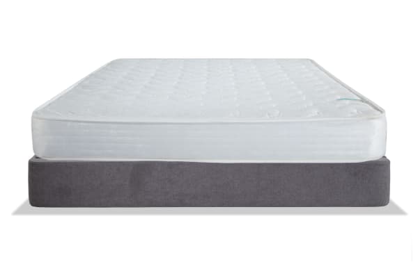 Perfection 6.5'' Full Firm Universal Mattress Set with white quilted innerspring mattress and gray upholstered foundation, firm support, budget-friendly quality.