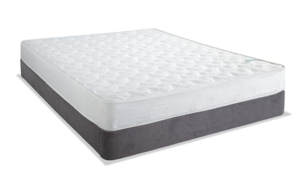 Perfection 6.5'' Full Firm Universal Mattress Set with white quilted innerspring mattress and gray upholstered foundation, firm support, budget-friendly quality.