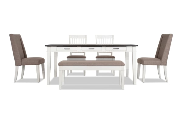 Montana 6 Piece Rustic Dining Set with white rubberwood base, distressed oak veneer top, beige polyester upholstered chairs, and storage bench with memory foam seating.