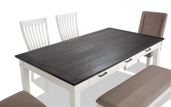 Montana 6 Piece Rustic Dining Set with white rubberwood base, dark oak veneer tabletop, beige polyester upholstered chairs, and storage bench with memory foam seating.