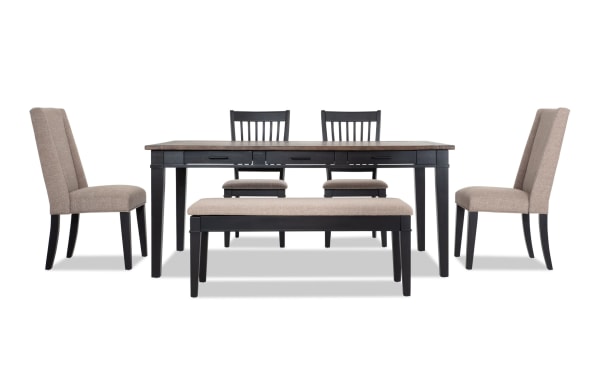 Montana 6 Piece Rustic Dining Set with black rubberwood base, beige polyester upholstered chairs, and storage bench with memory foam seats.