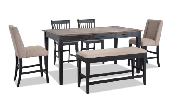 Montana 6 Piece Black & Beige Upholstered Counter Height Dining Set with Storage Bench
