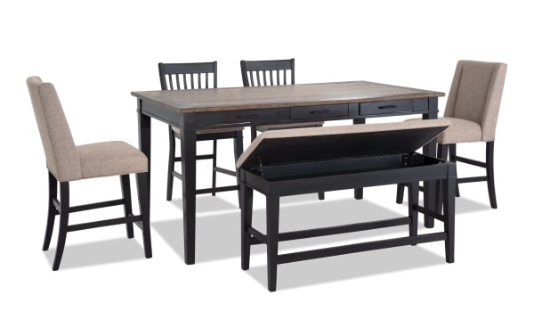 Montana 6 Piece Black & Beige Upholstered Counter Height Dining Set with Storage Bench