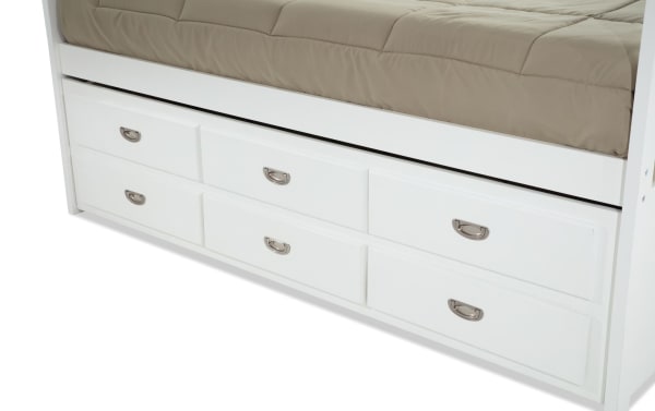 Chadwick Twin White Storage Captain Bed with Twin Trundle featuring six white MDF and poplar solid wood drawers, transitional style, and beige mattress.
