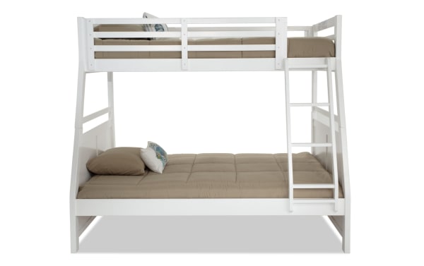 Chadwick Twin/Full White Bunk Bed in transitional style, made of poplar solids and veneers, featuring a twin upper bed with guardrails and full lower bed with ladder.