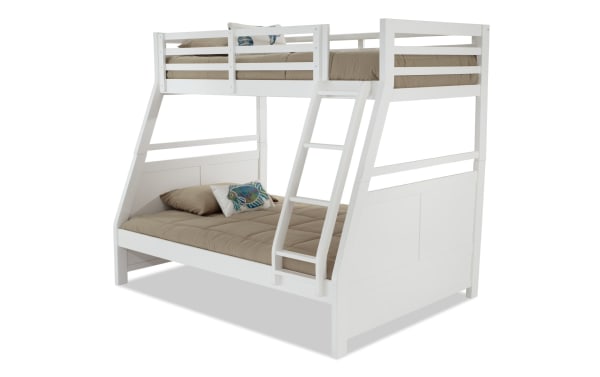 Chadwick Twin/Full White Bunk Bed in transitional style, made of poplar solids and veneers, featuring a twin upper bed with guardrails and a full lower bed with angled ladder.