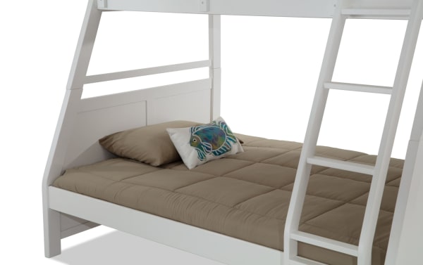 Chadwick Twin/Full White Bunk Bed with poplar solids and veneers, transitional style, featuring a white ladder and full-size lower bed with brown bedding and decorative fish pillow.