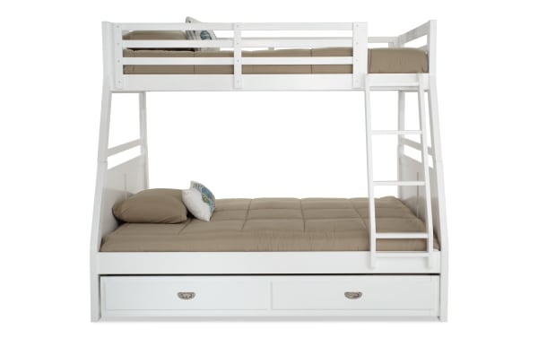 Chadwick Twin/Full white bunk bed with twin trundle, transitional style, made of poplar solids and veneers, featuring ladder and guardrails for kids' space-saving sleepovers.