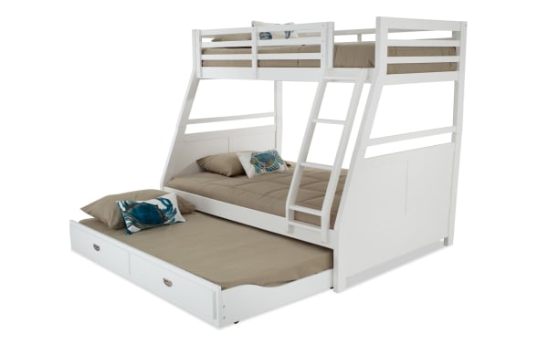 Chadwick Twin/Full White Bunk Bed with Twin Trundle in poplar solids and veneers, transitional style, space-saving youth bed with ladder and guardrails.