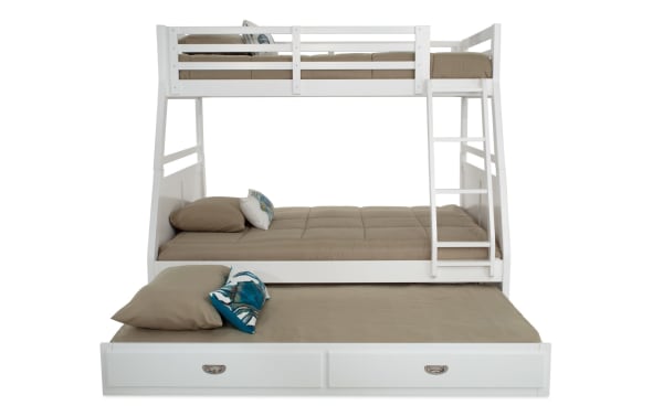 Chadwick Twin/Full White Bunk Bed with Twin Trundle in poplar solids and veneers, transitional style, featuring a white finish, guardrails, ladder, and storage drawers.