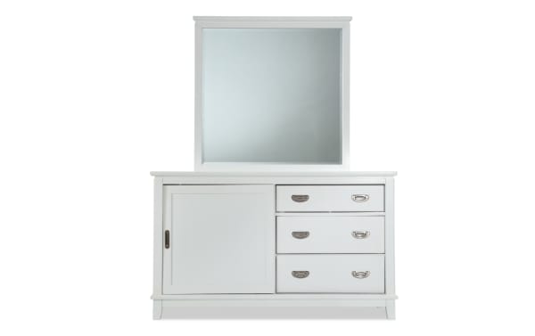Chadwick White 3 Drawer Dresser & Mirror in transitional style, made of MDF, poplar solids, and veneers, features a white finish, felt-lined drawers, and a square mirror.