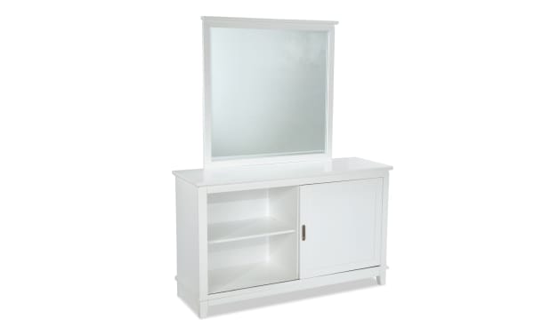 Chadwick White 3 Drawer Dresser & Mirror in transitional style, made of MDF, poplar solids, and veneers, featuring white finish, open shelves, sliding door, and large rectangular mirror.