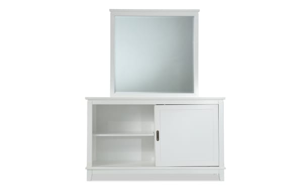 Chadwick White 3 Drawer Dresser & Mirror in transitional style, made of MDF, poplar solids, and veneers. Features white finish, open shelving, cabinet door, and square mirror. Durable, space-saving kids’ storage solution from the Chadwick collection.