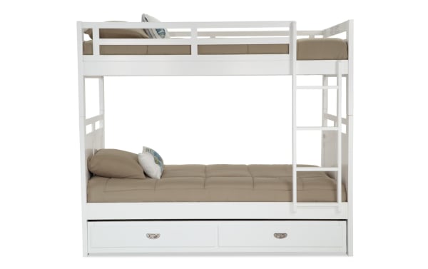 Chadwick Twin/Twin white bunk bed with twin trundle, transitional style, made of poplar solids and veneers, featuring ladder and under-bed storage drawers.