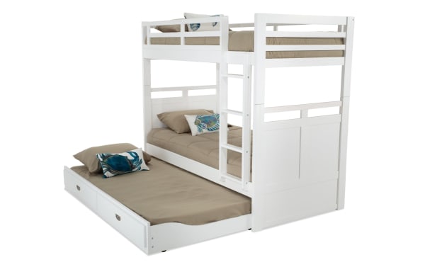 Chadwick Twin/Twin white bunk bed with twin trundle, made from poplar solids and veneers, featuring a transitional style with safety rails and ladder.