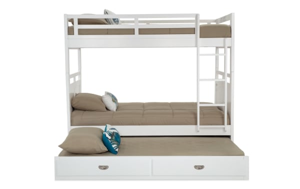 Chadwick Twin/Twin white bunk bed with twin trundle, transitional style, poplar solids and veneers, space-saving youth bed with ladder and guardrails.