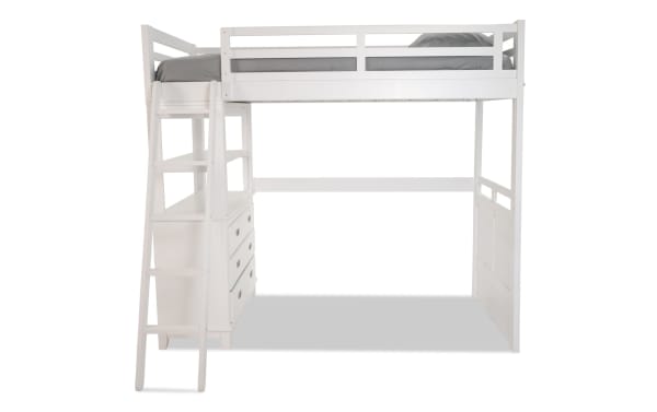 Chadwick Twin White Loft Bed in transitional style, made of poplar solids and veneers, features a white finish, lofted twin mattress, ladder, and built-in chest with drawers.