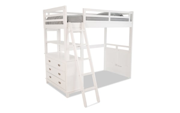 Chadwick Twin White Loft Bed in transitional style, made of poplar solids and veneers, featuring a lofted twin bed with safety rails, angled ladder, and built-in white chest with drawers for space-saving storage and play area underneath.