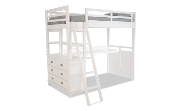 Chadwick Twin White Loft Bed with Desk in transitional style, made of poplar solids and veneers, featuring a lofted twin bed, angled ladder, built-in chest with drawers, and integrated desk space.