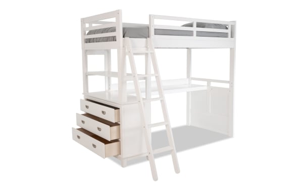 Chadwick Twin White Loft Bed with Desk, transitional style in poplar solids and veneers, features a lofted twin bed, built-in desk, ladder, and three side drawers.