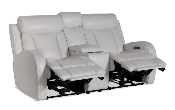 Tuxedo White 73'' Power Reclining Console Loveseat in white faux leather with power headrests, USB ports, storage console, and zero-gravity recline.