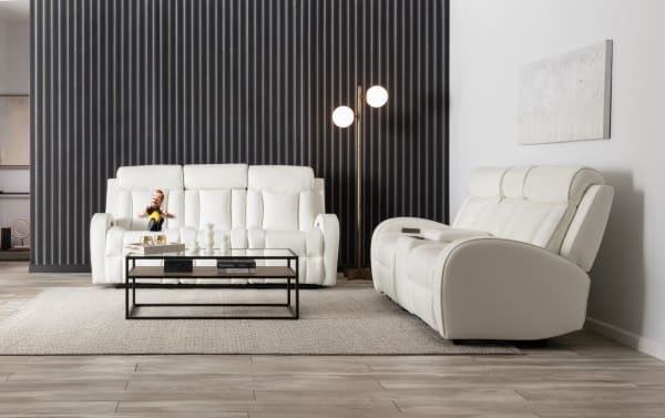 Tuxedo White 84'' Power Reclining Sofa & 73'' Console Loveseat with Power Headrest