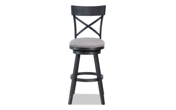 Transitional Iris Charcoal & Gray Cross Back Upholstered Swivel Stool with adjustable height, nailhead trim, polyester fabric seat, and rubberwood frame