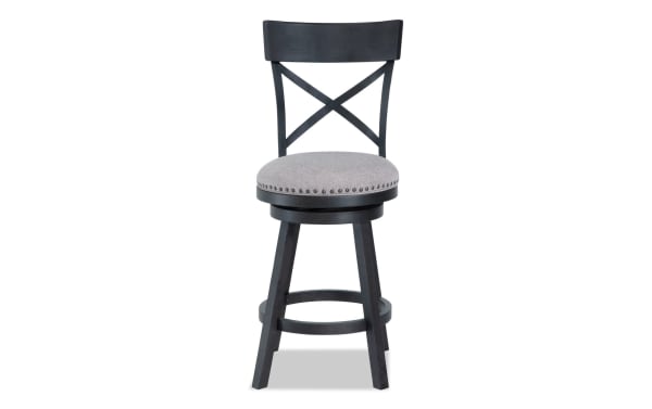 Charcoal Iris Dining swivel stool with adjustable height, cross back, gray polyester fabric seat, nailhead trim, and transitional style.