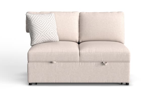 Beige fabric loveseat with two cushioned seats and backrests, featuring a patterned beige and white throw pillow, ideal for modern living rooms.