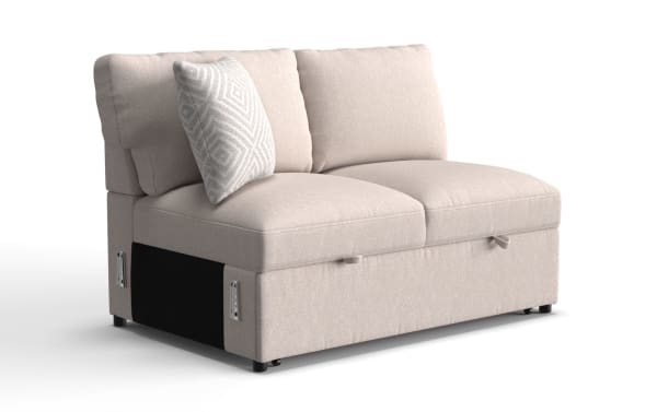 Beige fabric loveseat with plush cushions, a patterned throw pillow, and storage compartments underneath. Modern, compact design ideal for small living spaces.