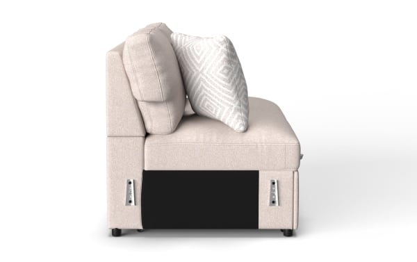 Beige fabric upholstered sofa side view with two patterned cushions, black base panel, and metal bracket details, modern style seating.