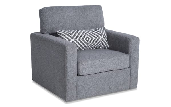 Playday Gray Swivel Chair in gray polyester fabric with Bob-O-Pedic® Memory Foam cushions, transitional style, and a patterned accent pillow.