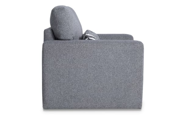 Gray Playday Gray Swivel Chair in transitional style with soft polyester fabric upholstery, memory foam cushions, and a 360-degree swivel function.