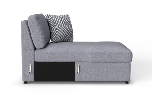 Modern gray fabric chaise lounge with two cushions, one solid gray and one patterned in black and white geometric design, featuring black side panel and metal accents.