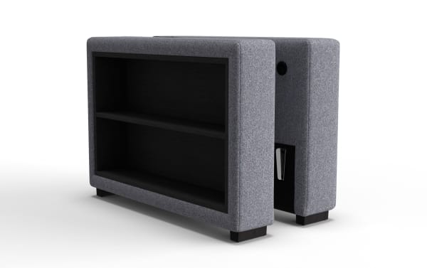 Gray Playday sectional arm with built-in bookshelf, USB and USB-C ports, polyester fabric upholstery, transitional style from Playday collection.