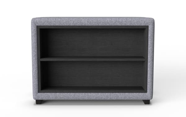 Gray Playday sectional arm with built-in black wood bookshelf, USB and USB-C ports, polyester fabric upholstery, transitional style.