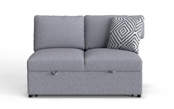 Gray fabric loveseat sofa with two back cushions and one decorative black and white geometric patterned throw pillow, featuring a modern design.