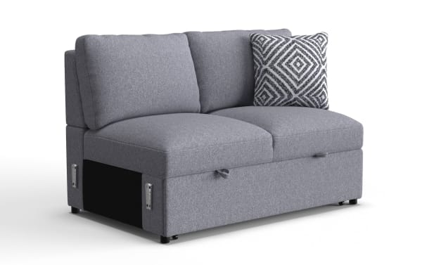 Modern gray fabric loveseat with thick cushions, black and white geometric patterned throw pillow, and compact armless design for small spaces.