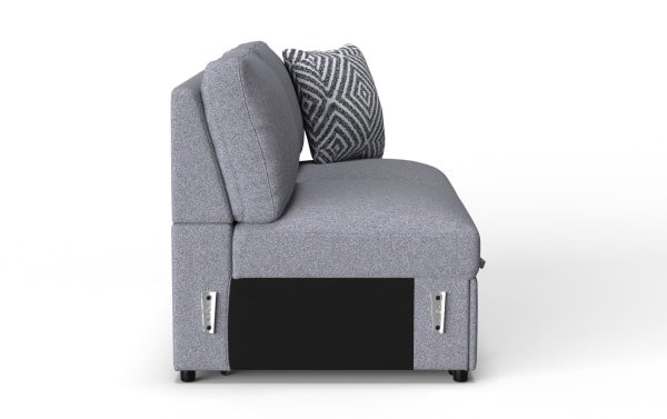Modern gray fabric sofa with plush cushions and a patterned accent pillow, featuring a compact design and metal side brackets.