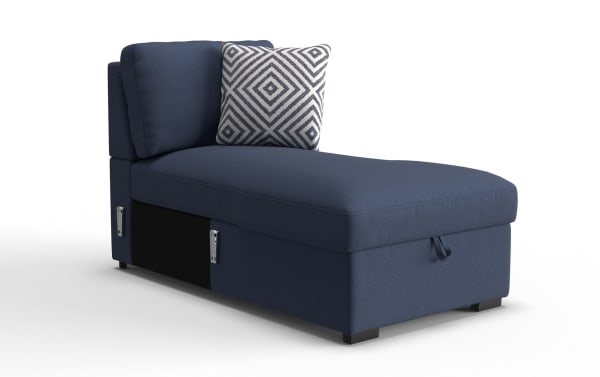 Navy blue fabric chaise lounge with cushioned backrest, geometric patterned throw pillow, and storage compartment under the seat.