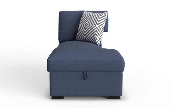 Blue upholstered chaise lounge with a textured fabric, featuring a cushioned backrest and a decorative geometric-patterned throw pillow.