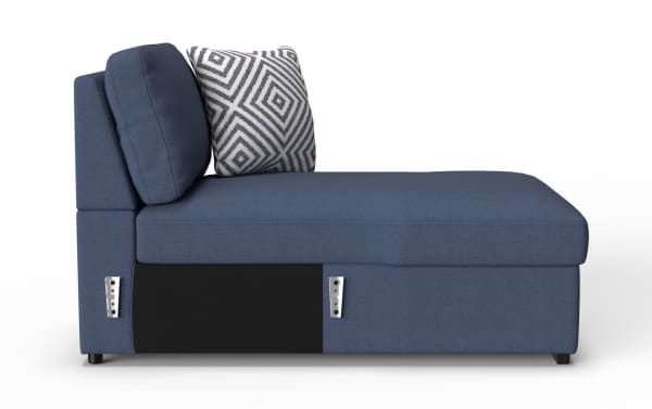Blue upholstered chaise lounge with soft cushions, geometric patterned throw pillow, and black side panel accents, ideal for modern living rooms.