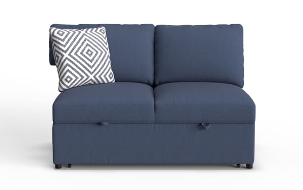 Compact blue fabric loveseat with two cushioned seats and backrests, featuring a geometric patterned accent pillow for modern living room decor.
