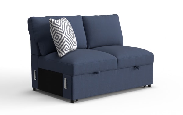 Modern navy blue fabric loveseat with plush cushions and a decorative geometric patterned throw pillow, designed for comfortable seating.
