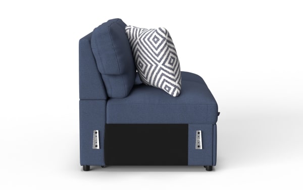 Blue upholstered sofa side view with geometric patterned throw pillow, featuring adjustable metal brackets and black base panel.