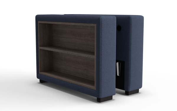 Blue fabric-covered rectangular bookshelf with dark wood interior and two shelves, supported by short dark wooden legs.