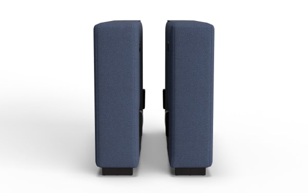 Two blue upholstered rectangular cushions with textured fabric, shown from the side, highlighting their thickness and dark wooden base.